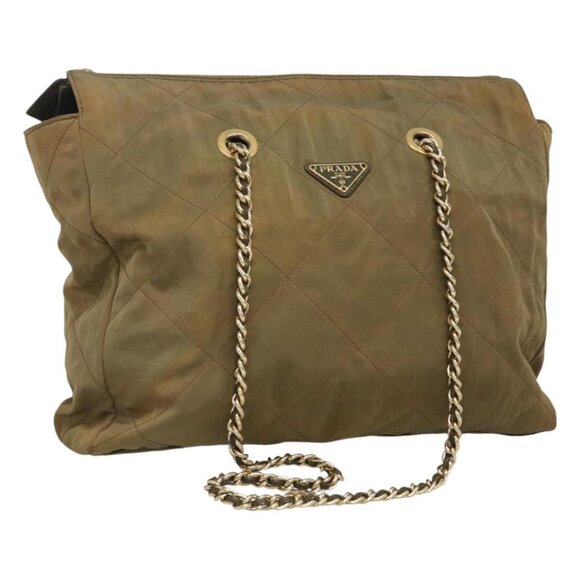 PRADA Chain Shoulder Bag Nylon Beige Gold Auth - Picture 1 of 16